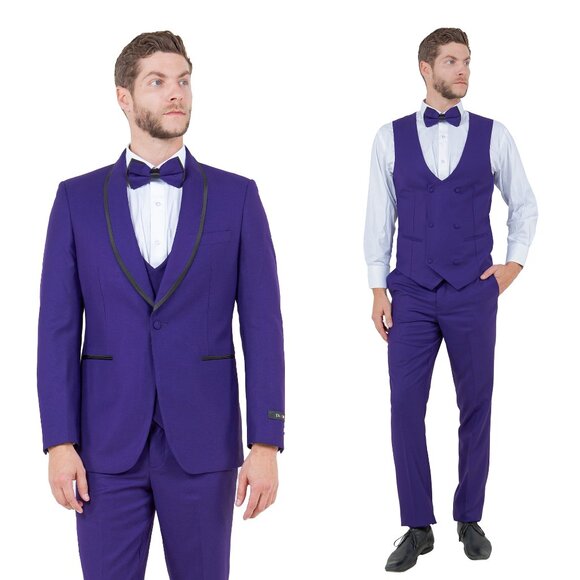 Men's 3pc Tuxedo/Suit Purple w/ Double Breasted Vest and Bowtie by Tazzio